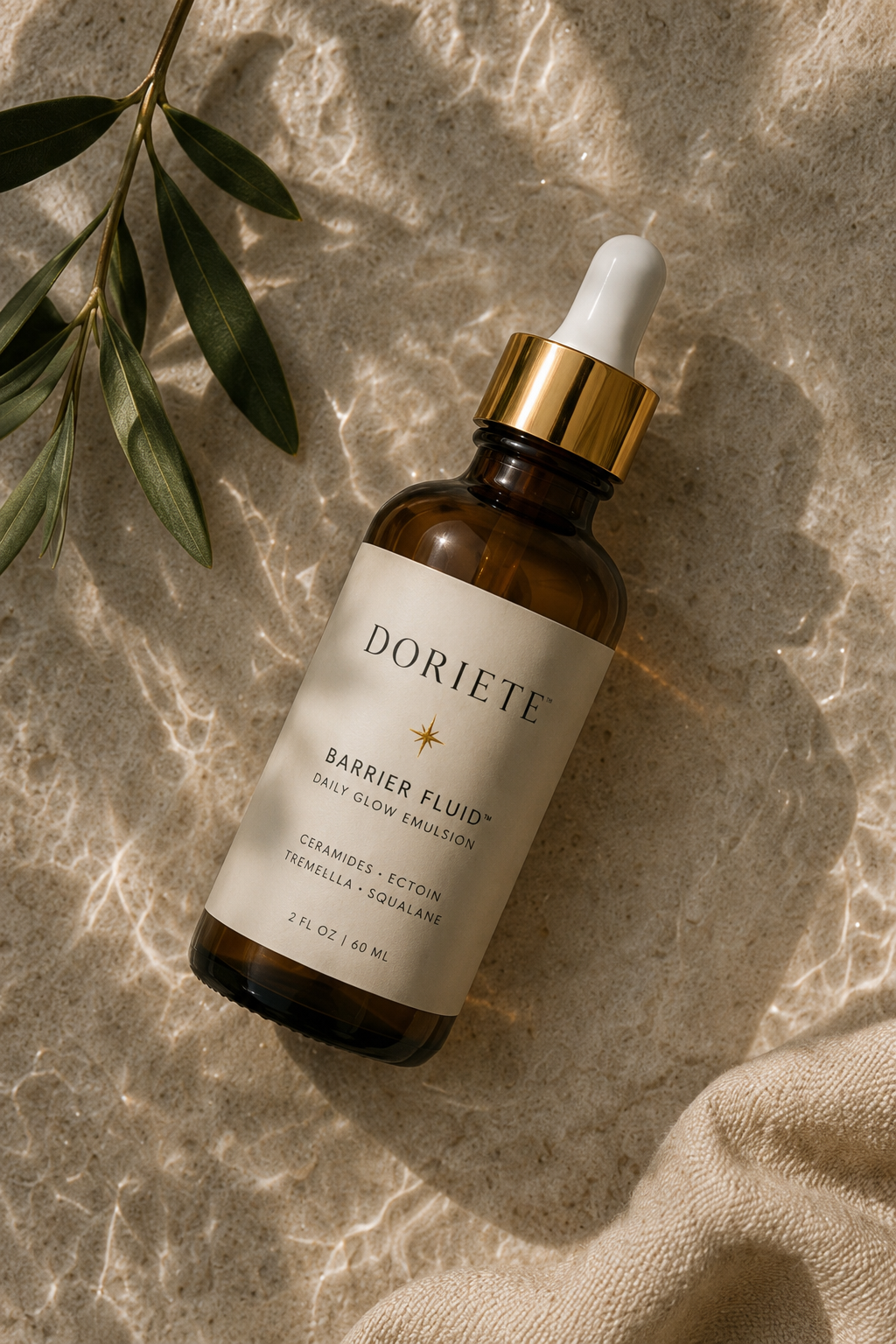 DORIETE Barrier Fluid bottle with olive branch on stone