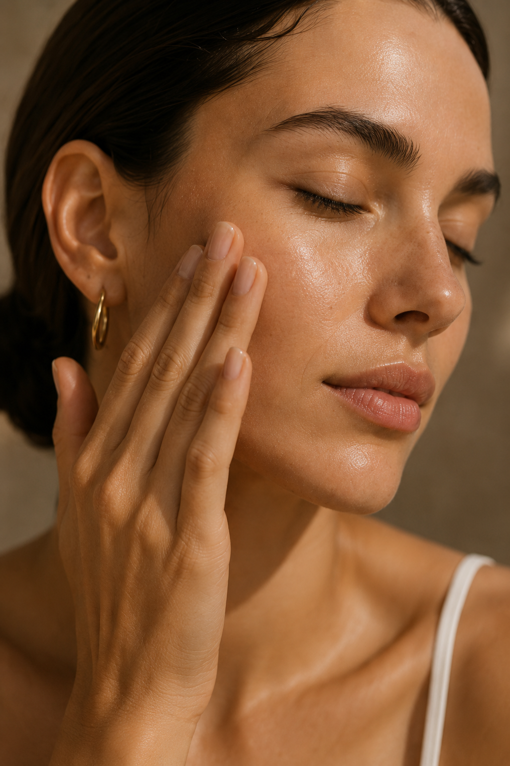 Woman with glowing skin applying serum to cheek