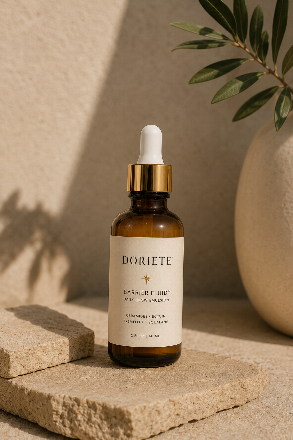 DORIETE Barrier Fluid bottle on stone with olive plant
