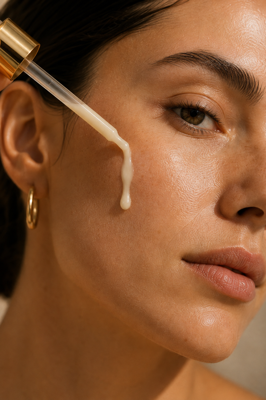 Close-up serum dropper dripping onto glowing skin